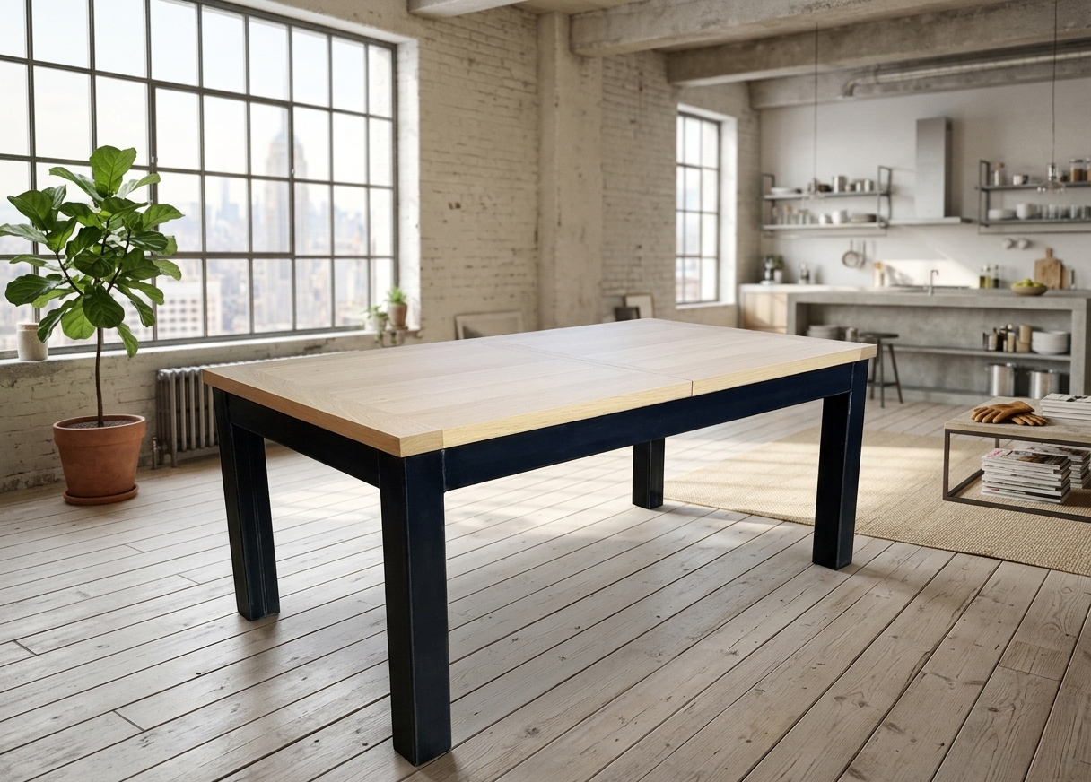 Table à allonges INDUSTRIEL-METAL - bois de chêne massif